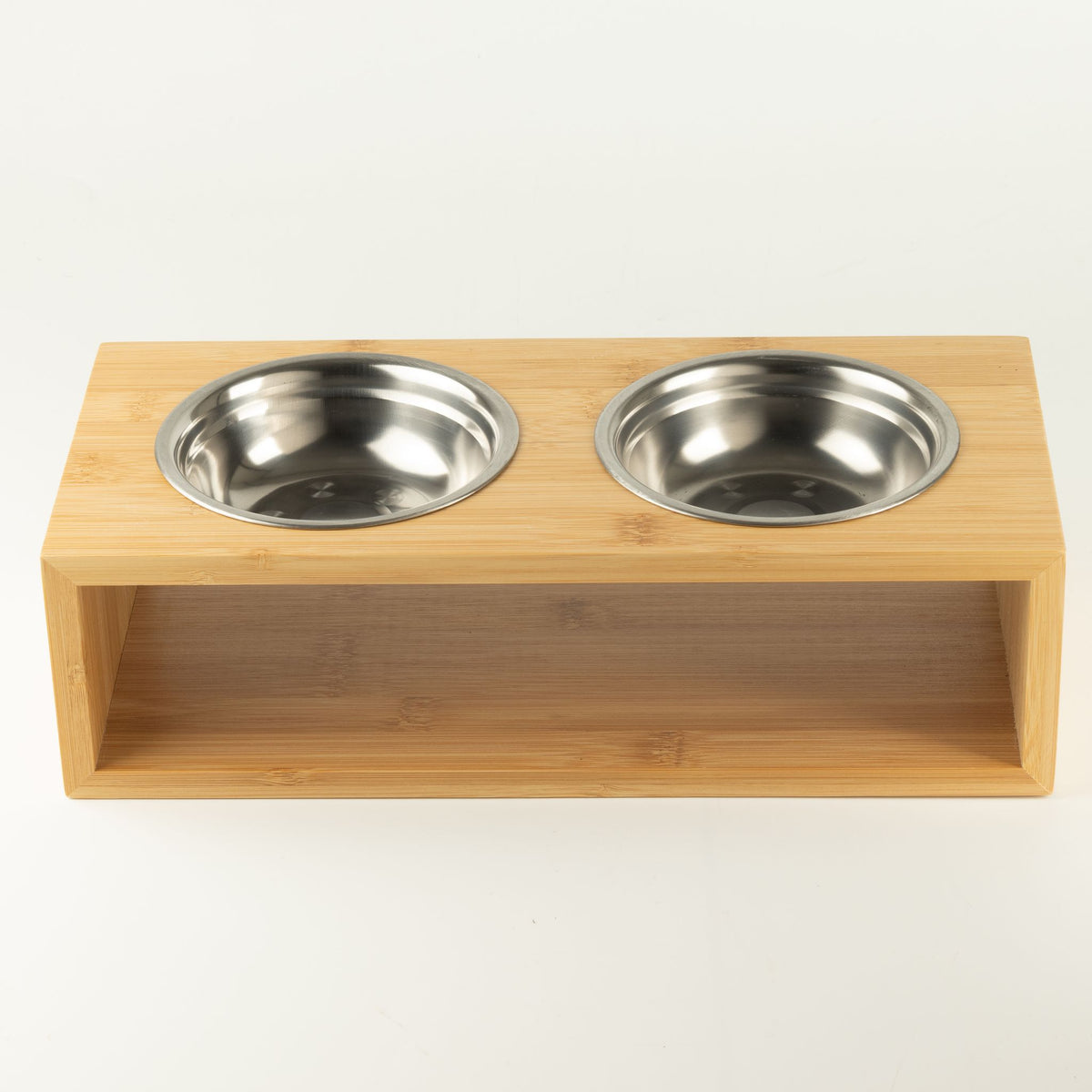 PAW Food Bowls - Large Double Stainless Steel (201) in Wooden Stand - 2x13cm