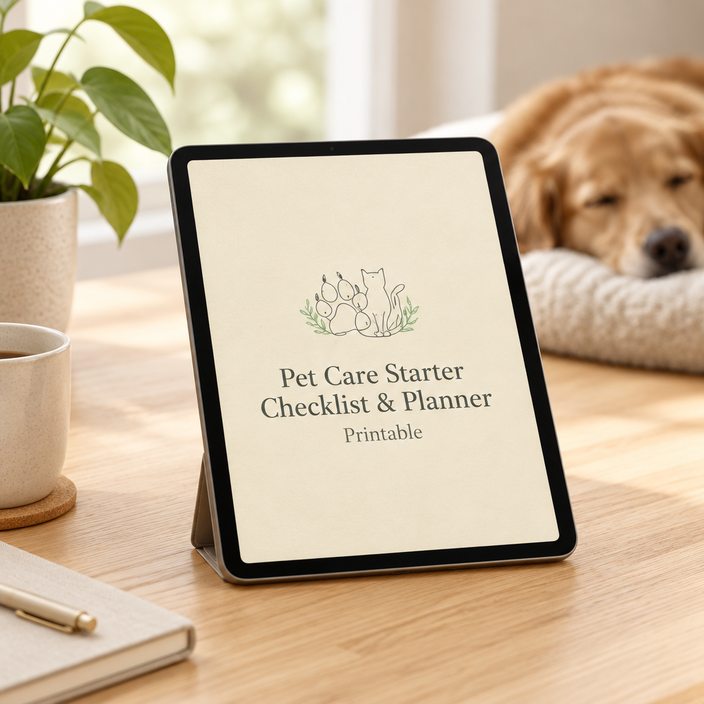 Pet care checklist and planner cover displayed on a tablet beside a sleeping dog
