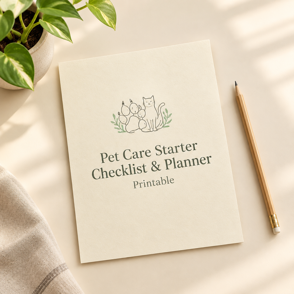 Printable pet care checklist and planner cover on a calm, cream-toned desk