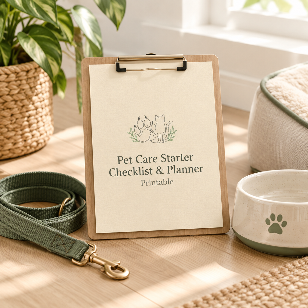 Printable pet planner cover on a clipboard beside a leash and pet bowl in a bright home